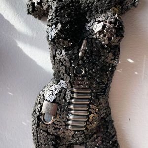 Metal Female Torso Mannequin | Industrial Metal Wall Art Sculpture with Chains and Lock | Handmade, Lacquered, Unique | Eye-Catching Centerpiece or Gift